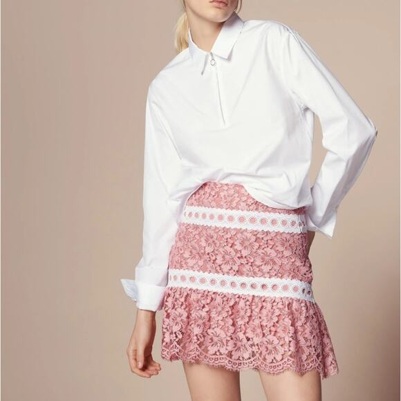 Sandro Paris 3 Size 8 US Pink Devon Floral Lace Ivory Banded Trim Mini Skirt - Picture 2 of 6